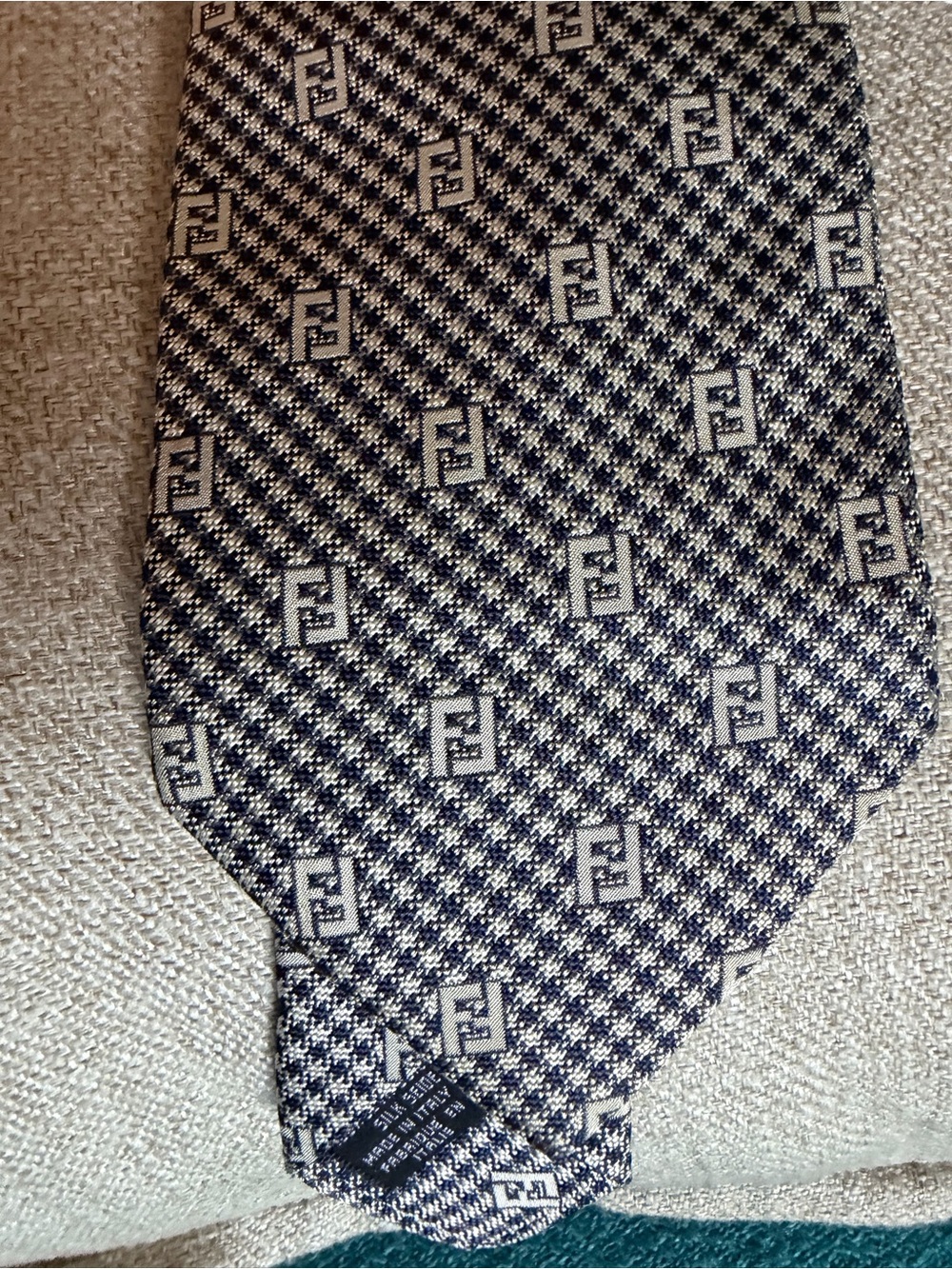 Fendi Navy and White Monogram Geometric Tie  AUTHENTIC